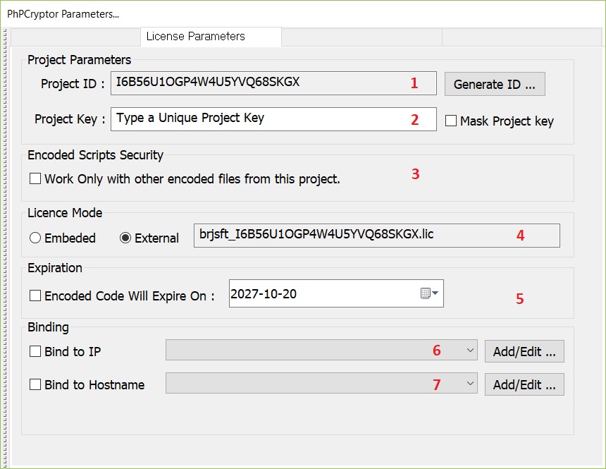 license parameters